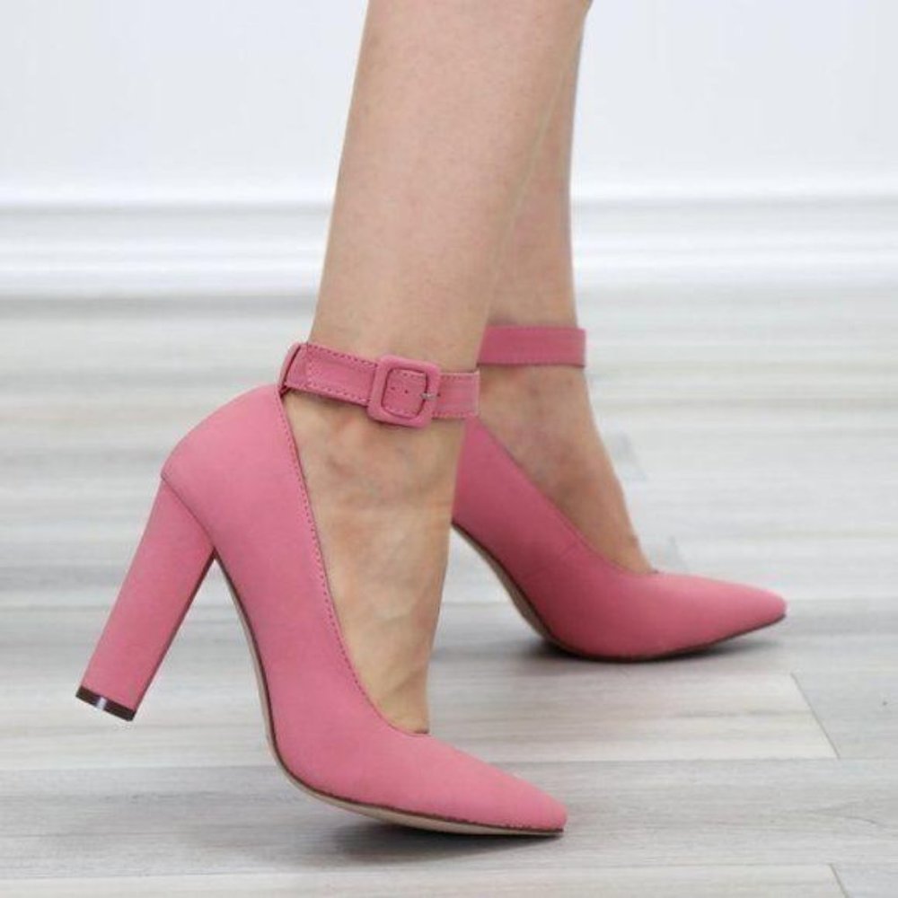 Pink Pointy Toe Ankle Brace Buckle Heels - Picture 3 of 9